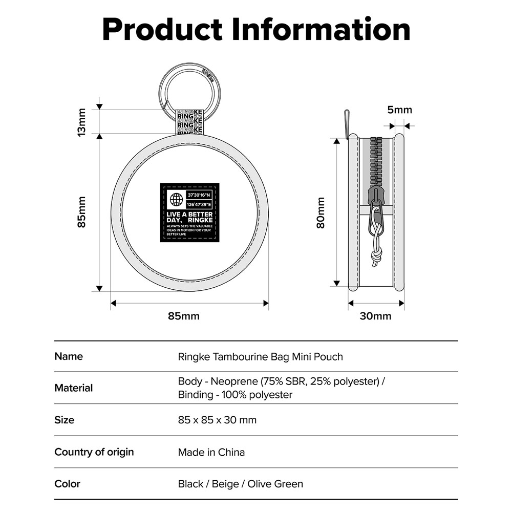 Picture of Ringke Mini Pouch Tambourine Bag with high quality YKK zipper closure with strap with Carabiner for Small Gadgets (Olive Green)