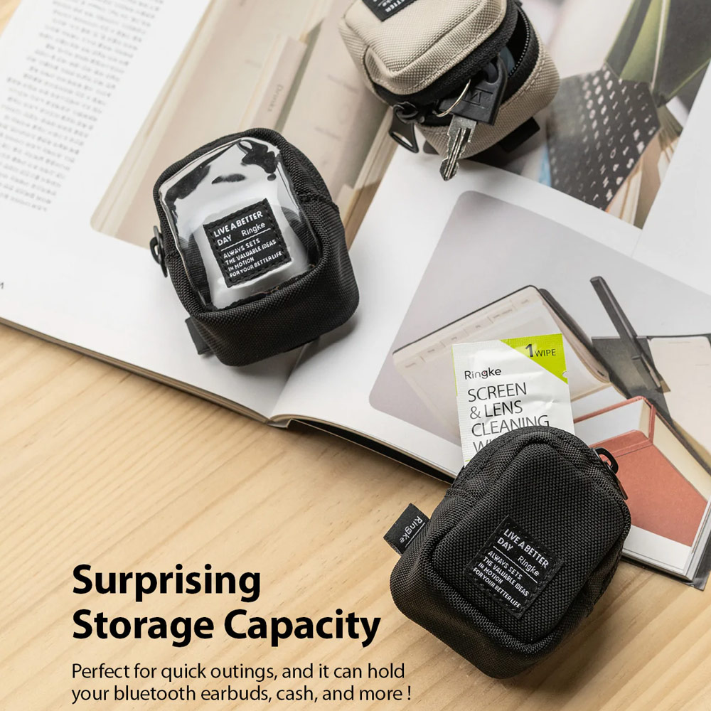 Picture of Ringke Mini Pouch Block Bag Miniature with Zipper Closure with Carabiner for Small Gadgets (Black)