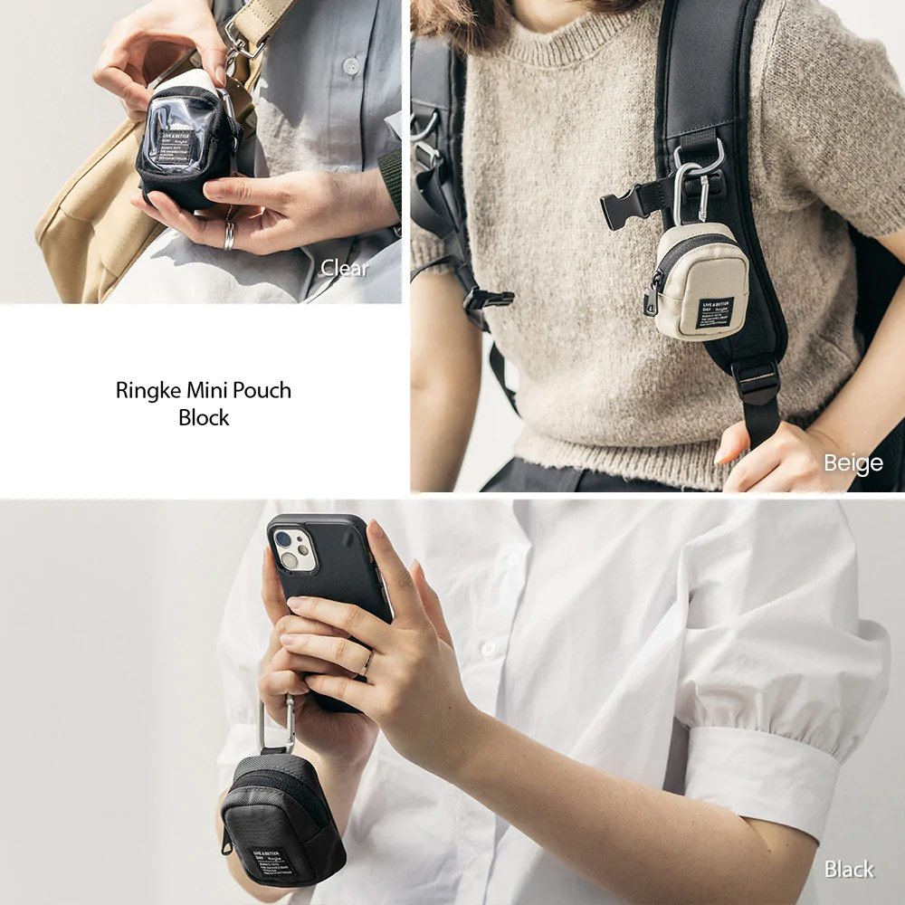 Picture of Ringke Mini Pouch Block Bag Miniature with Zipper Closure with Carabiner for Small Gadgets (Black)