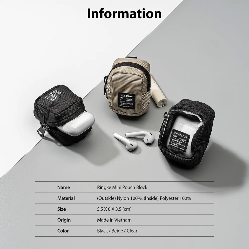 Picture of Ringke Mini Pouch Block Bag Miniature with Zipper Closure with Carabiner for Small Gadgets (Black)