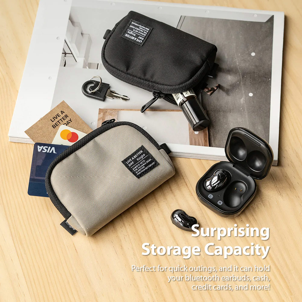 Picture of Ringke Mini Pouch Half-Pocket Bag Miniature with Zipper Closure with Carabiner for Small Gadgets (Black)