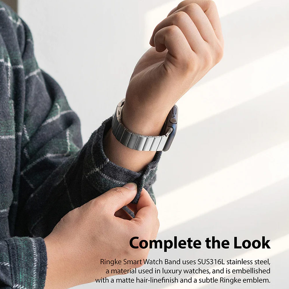 Picture of Apple Watch 49mm	Ultra  | Ringke Stainless Steel Metal One Band Alpha Strap for Apple Watch Series 4 5 6 8 42mm 44mm 45mm 49mm Ultra (Silver)