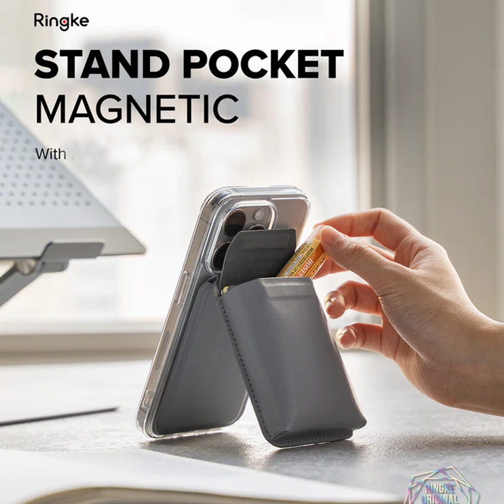 Picture of Apple iPhone 13 6.1 | Ringke Snap Magnetic Stand Pocket Magnetic Stand for iPhone 14 iPhone 15 Pro Max Card Holder Phone Stand (Light Gray)