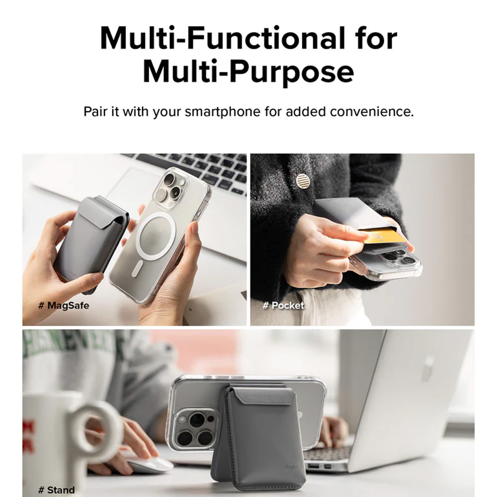 Picture of Apple iPhone 13 6.1 | Ringke Snap Magnetic Stand Pocket Magnetic Stand for iPhone 14 iPhone 15 Pro Max Card Holder Phone Stand (Light Gray)