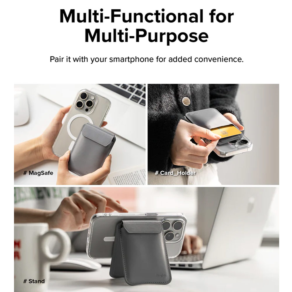 Picture of Apple iPhone 13 6.1 | Ringke Snap Magnetic Stand Wallet Magnetic Stand for iPhone 14 iPhone 15 Pro Max Card Holder Phone Stand (Light Gray)