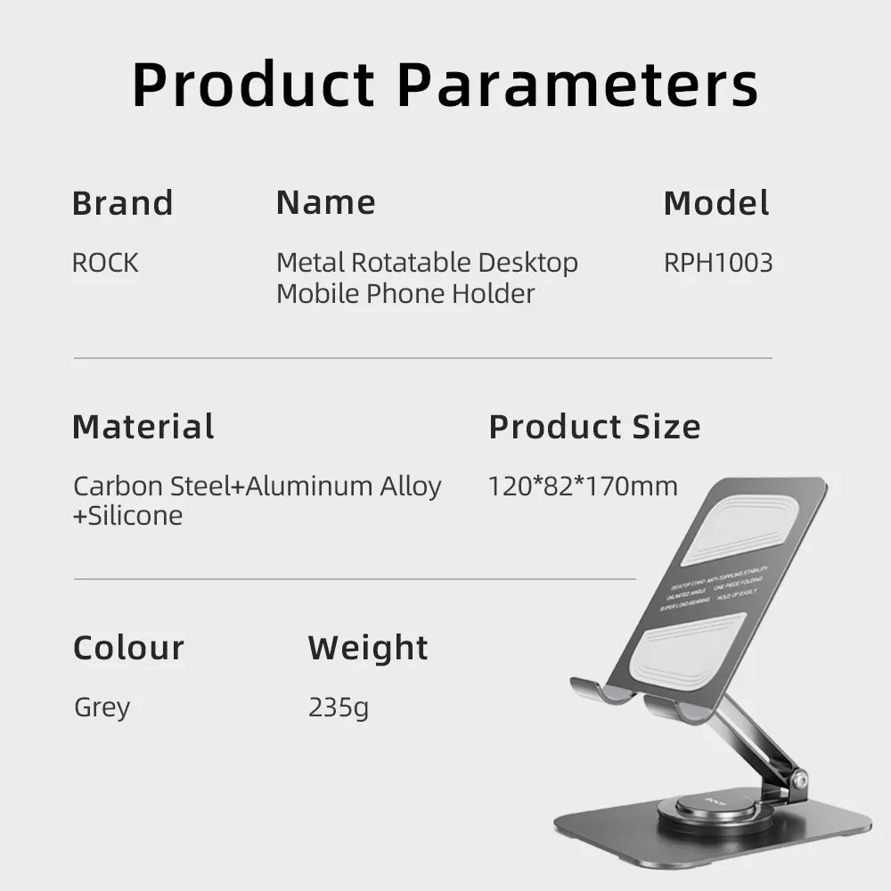 Picture of Rock Universal Rotatable Foldable Aluminum Phone Tablets Stand for iPad iPad Air iPad Pro iPhone 16 Pro Max (Gray)