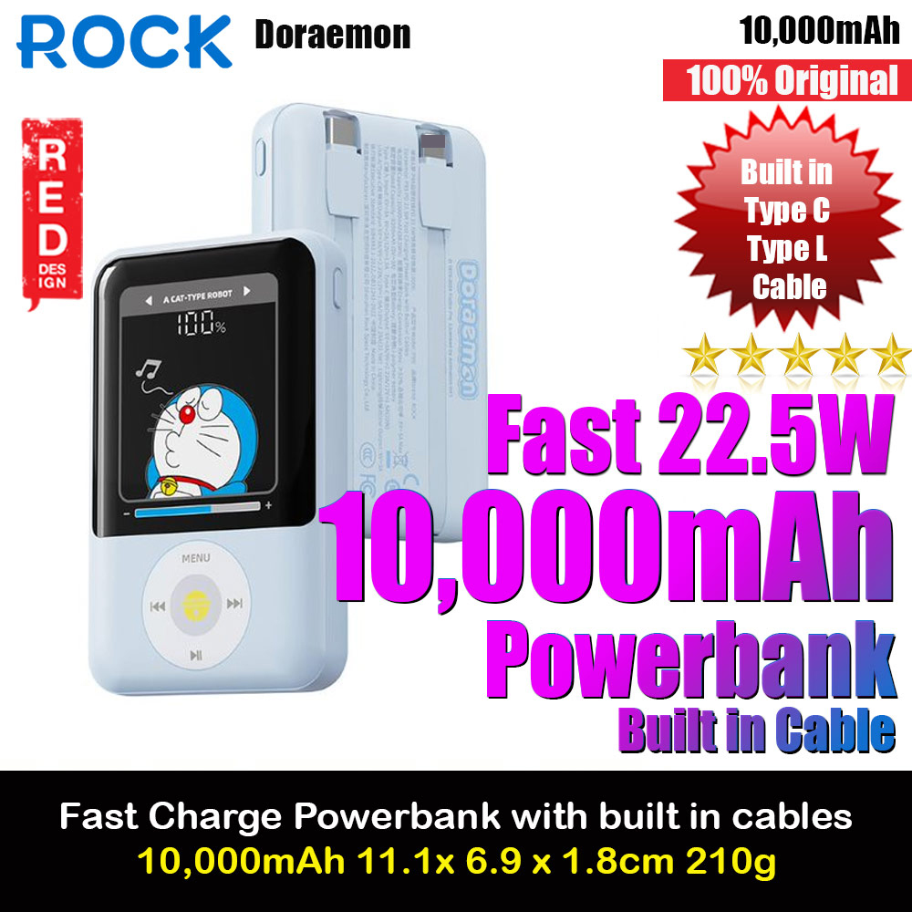 Picture of Rock CCC 3C Certified Power Bank Mini Compact Size PD 20W 10000mAh Travel Portable Small Palm Size Compact Mini CCC Power Bank powerbank with Multiple Built in Cable USB C USB L (Doraemon) Red Design- Red Design Cases, Red Design Covers, iPad Cases and a wide selection of Red Design Accessories in Malaysia, Sabah, Sarawak and Singapore 