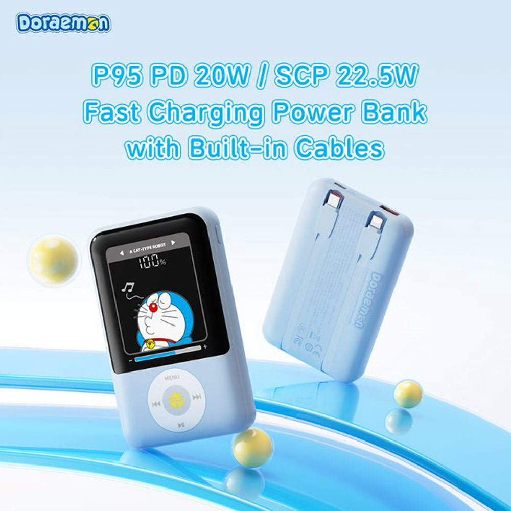 Picture of Rock CCC 3C Certified Power Bank Mini Compact Size PD 20W 10000mAh Travel Portable Small Palm Size Compact Mini CCC Power Bank powerbank with Multiple Built in Cable USB C USB L (Doraemon)