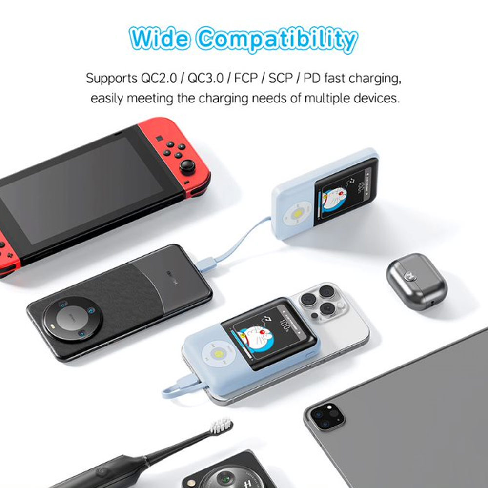 Picture of Rock CCC 3C Certified Power Bank Mini Compact Size PD 20W 10000mAh Travel Portable Small Palm Size Compact Mini CCC Power Bank powerbank with Multiple Built in Cable USB C USB L (Doraemon)