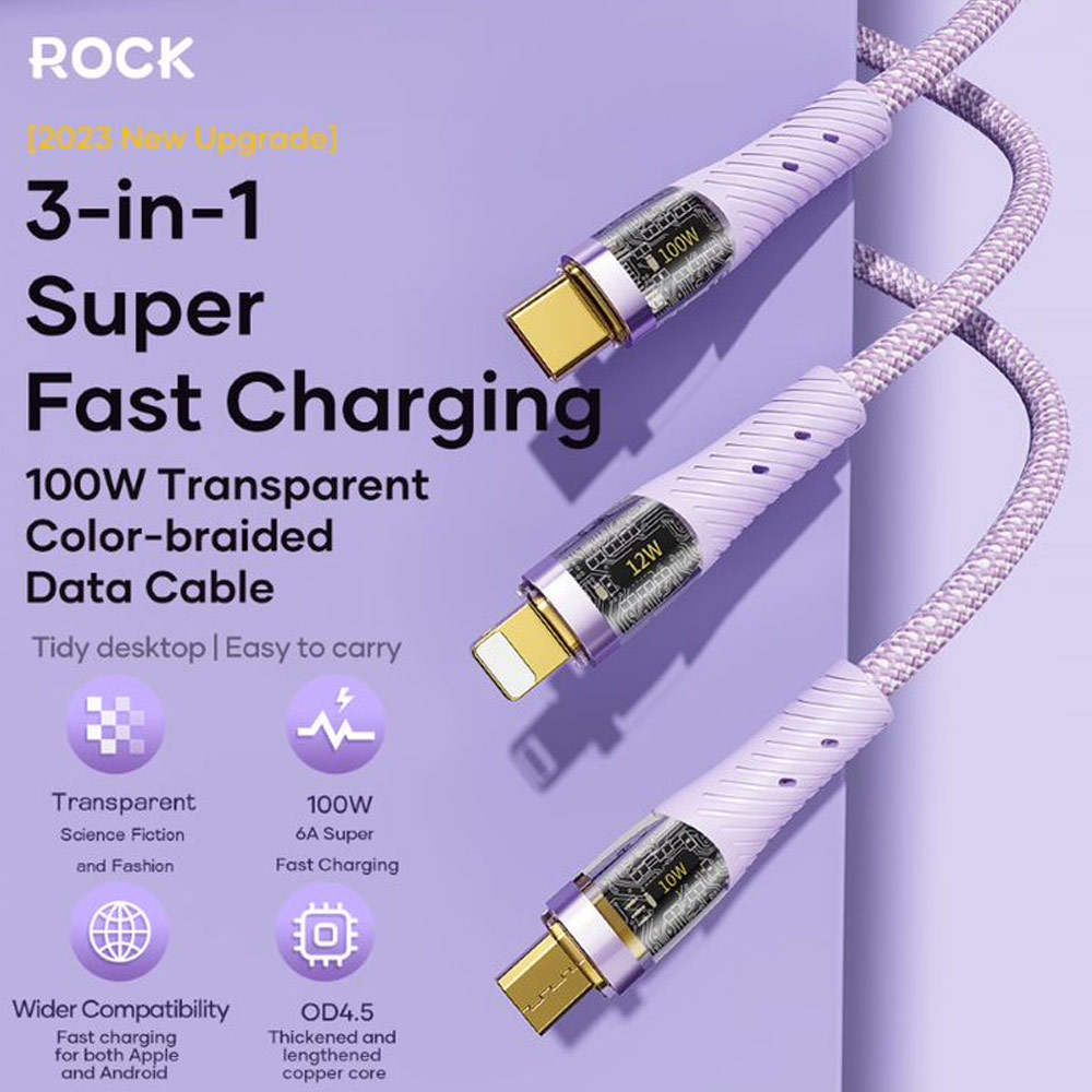 Picture of ROCK 3 in 1 USB Cable 100W Fast Charging Type C Micro PD Lightning Cable For iPhone  Xiaomi Samsung VOOC OPPO OnePlus Realme Fast Charge (Khakis White)