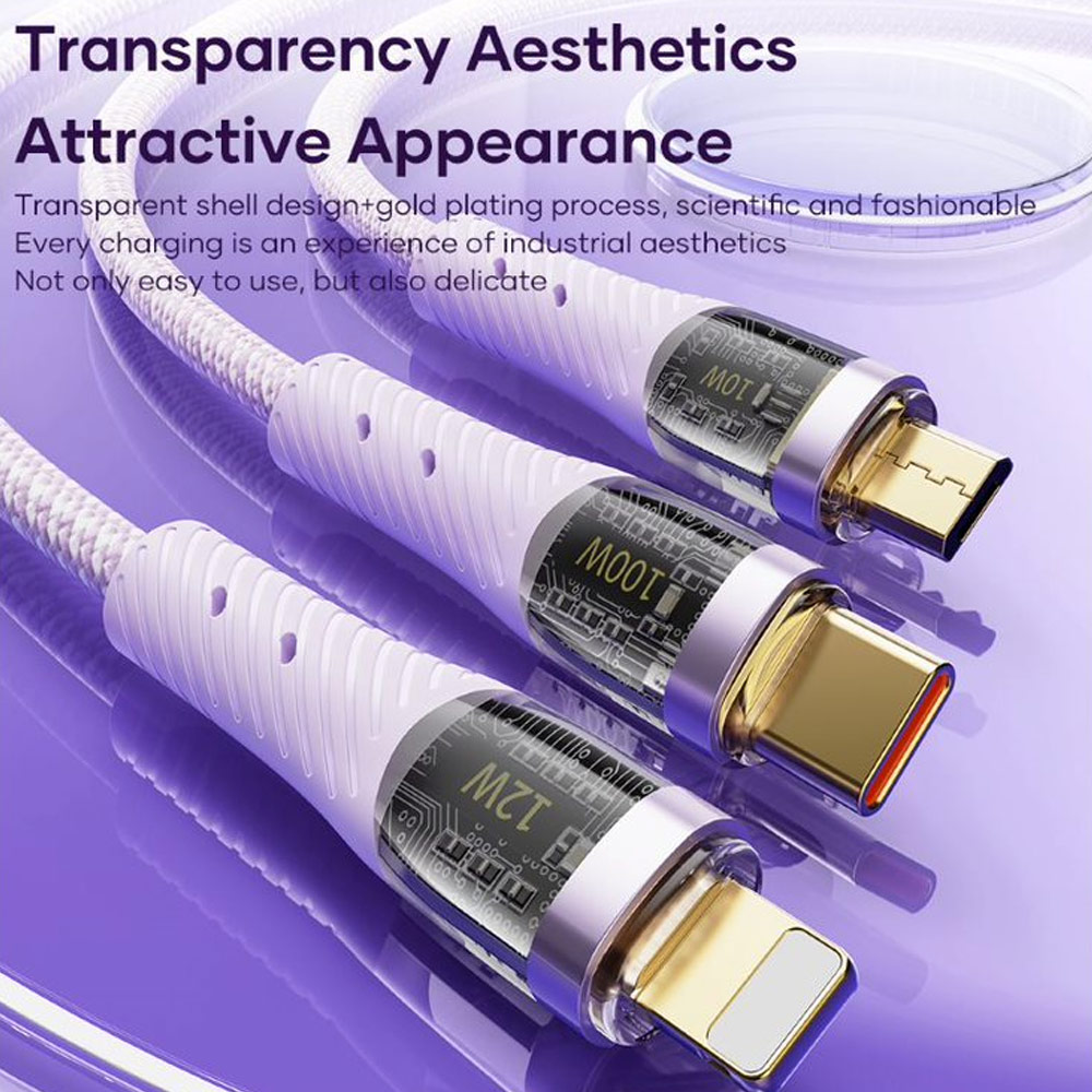 Picture of ROCK 3 in 1 USB Cable 100W Fast Charging Type C Micro PD Lightning Cable For iPhone  Xiaomi Samsung VOOC OPPO OnePlus Realme Fast Charge (Khakis White)