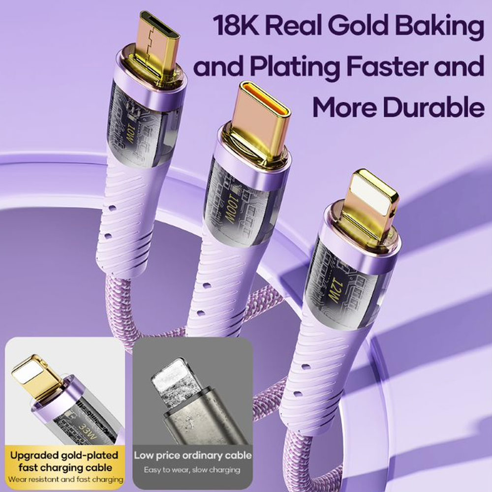 Picture of ROCK 3 in 1 USB Cable 100W Fast Charging Type C Micro PD Lightning Cable For iPhone  Xiaomi Samsung VOOC OPPO OnePlus Realme Fast Charge (Khakis White)