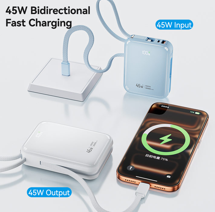 Picture of ROCK Interstellar CCC Certified 45W Power Bank with Built-in Cables 20000mAh Travel Portable Small Palm Size Compact Mini Power Bank powerbank with Multiple Built in Cable USB C USB L (Blue)