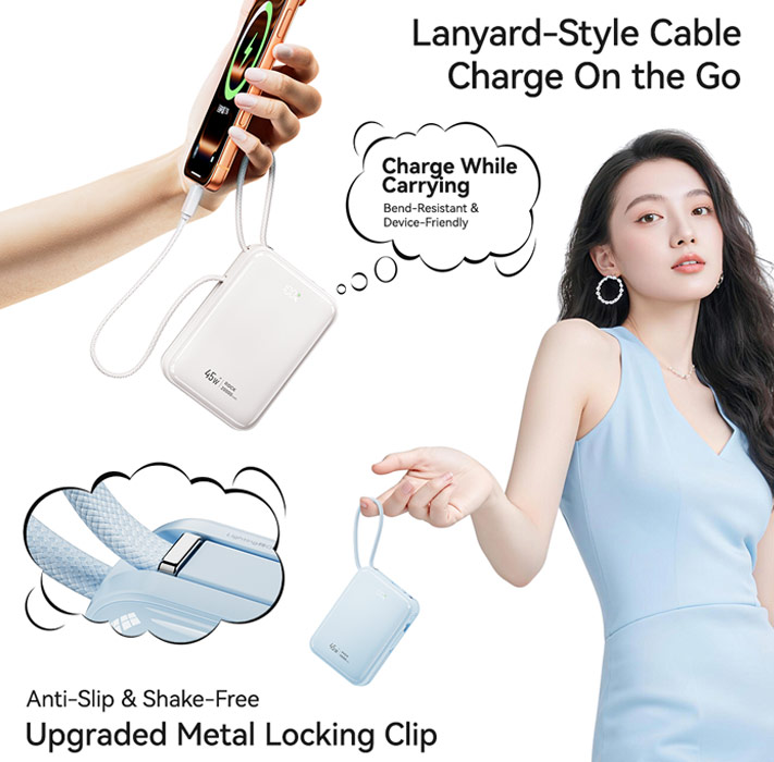 Picture of ROCK Interstellar CCC Certified 45W Power Bank with Built-in Cables 20000mAh Travel Portable Small Palm Size Compact Mini Power Bank powerbank with Multiple Built in Cable USB C USB L (Blue)