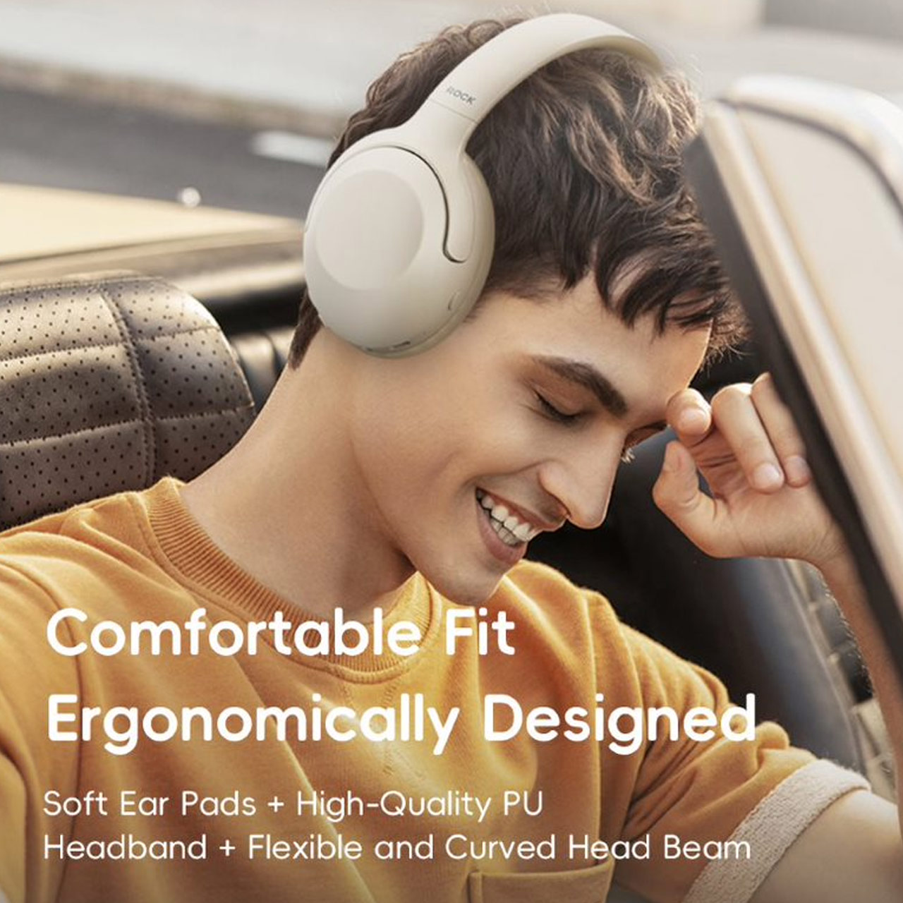Picture of Rock O3 Bluetooth Wireless Headphone with ANC noise cancellation Foldable Soft PU Over Ear Cushion (Beige)