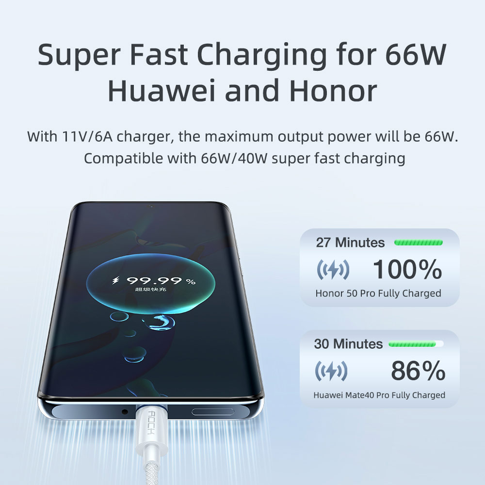 Picture of ROCK USB A to C 66W 6A  Fast Charge Flash Charge Cable for Huawei Honor Xiaomi Samsung Galaxy Ultra 22 (White)