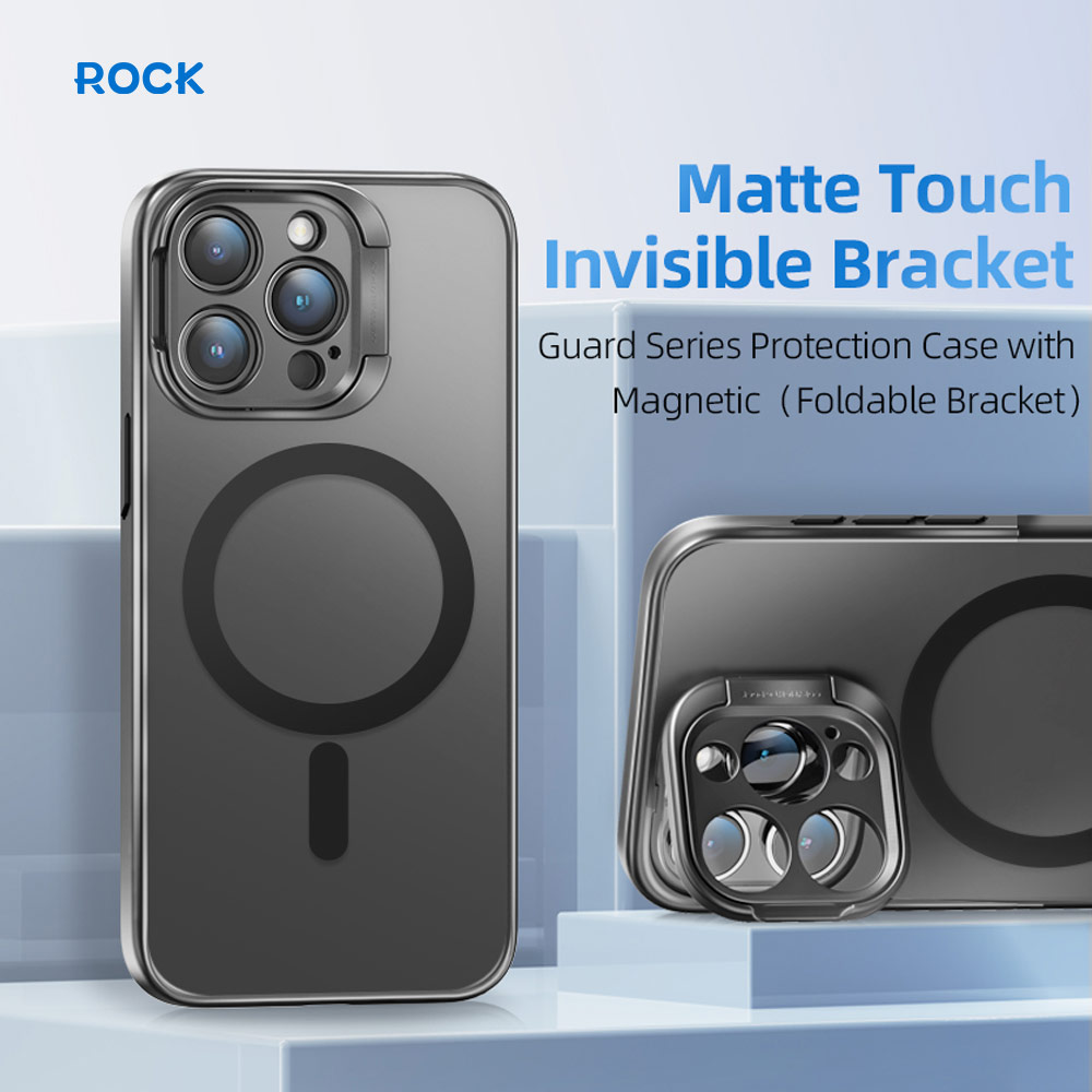 Picture of Apple iPhone 15 Pro 6.1 Case | Rock Guard Foldable Lens Bracket Kickstand Magnetic Drop Protection Case for iPhone 15 Pro 6.1 (Grey)