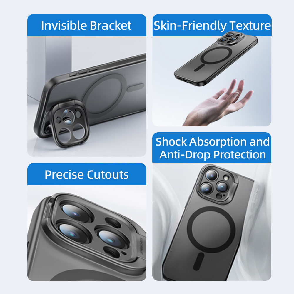 Picture of Apple iPhone 15 Pro 6.1 Case | Rock Guard Foldable Lens Bracket Kickstand Magnetic Drop Protection Case for iPhone 15 Pro 6.1 (Grey)