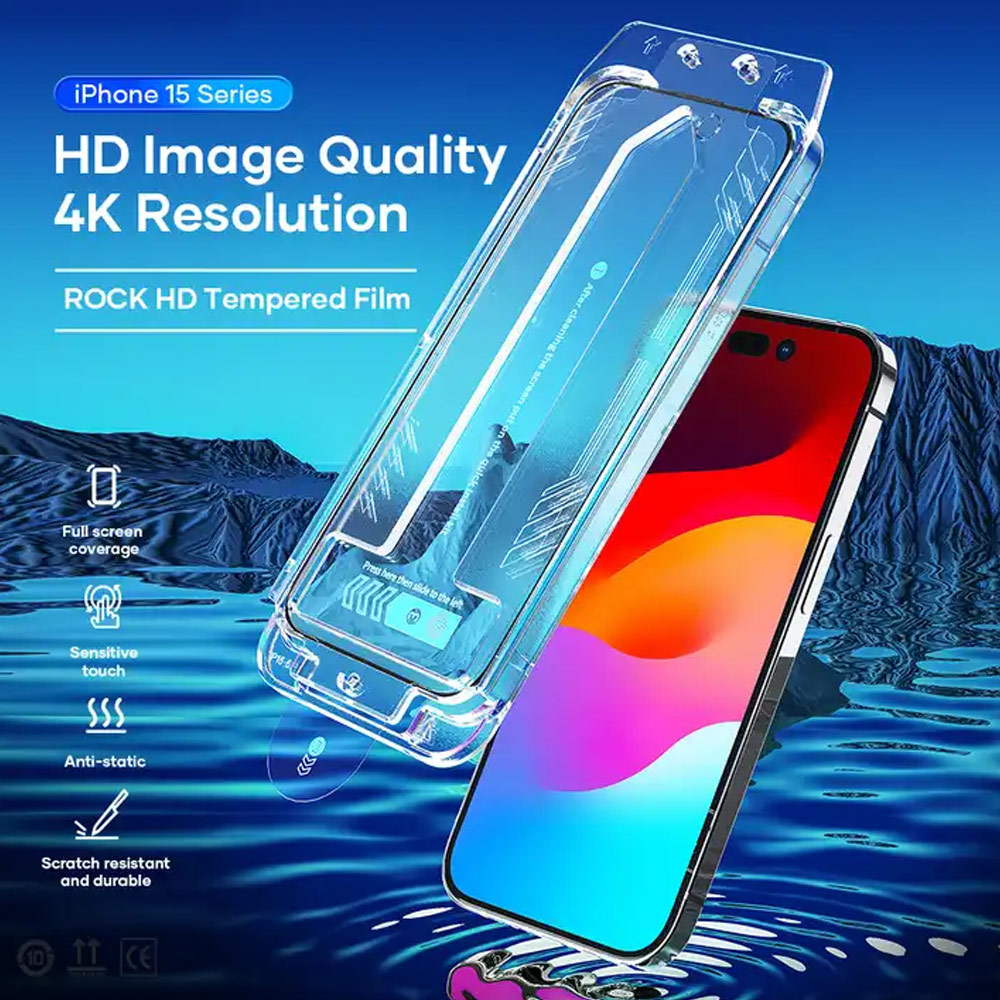 Picture of Apple iPhone 15 Pro Max 6.7 | Rock 4K HD Full Coverage Tempered Glass with Installation Kit Helper for iPhone 15 Pro Max 6.7 (HD Clear)