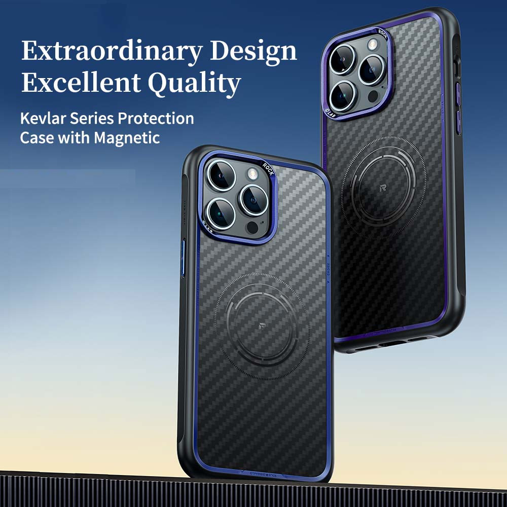 Picture of Apple iPhone 15 Pro Max 6.7 Case | Rock Kevlar Series Drop Protection Magsafe Compatible Case for iPhone 15 Pro Max 6.7 (Aramid Fiber Black)
