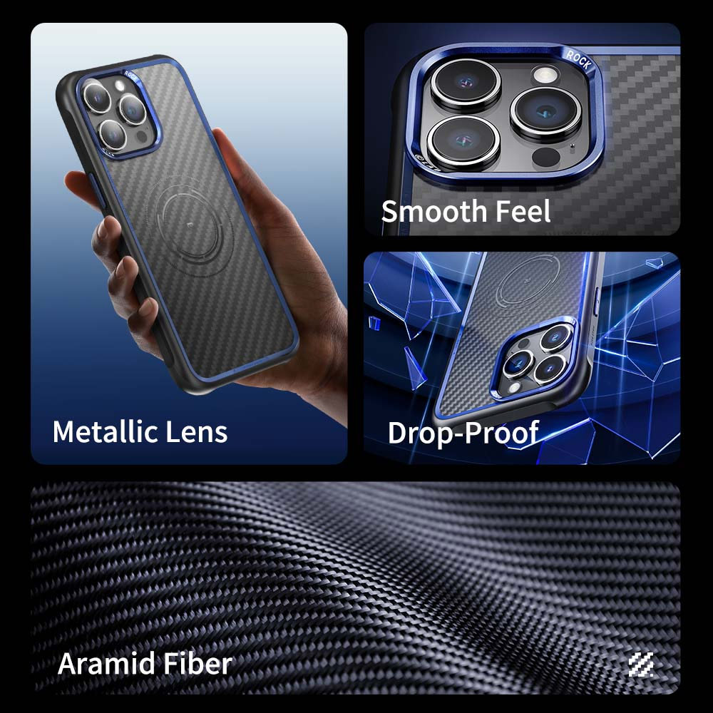 Picture of Apple iPhone 15 Pro Max 6.7 Case | Rock Kevlar Series Drop Protection Magsafe Compatible Case for iPhone 15 Pro Max 6.7 (Aramid Fiber Black)