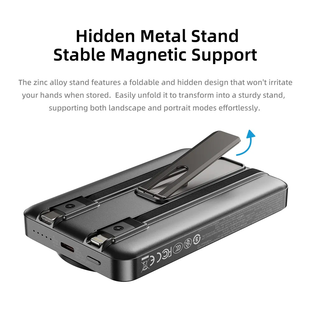 Picture of Rock CCC 3C Certified Power Bank Magnetic PD20W 15W Magnetic Wireless Charging Fast Charge 10000mAh Travel Portable CCC Power Bank powerbank with Built in Stand Cable for Apple Watch AirPods Smartphones (Grey)