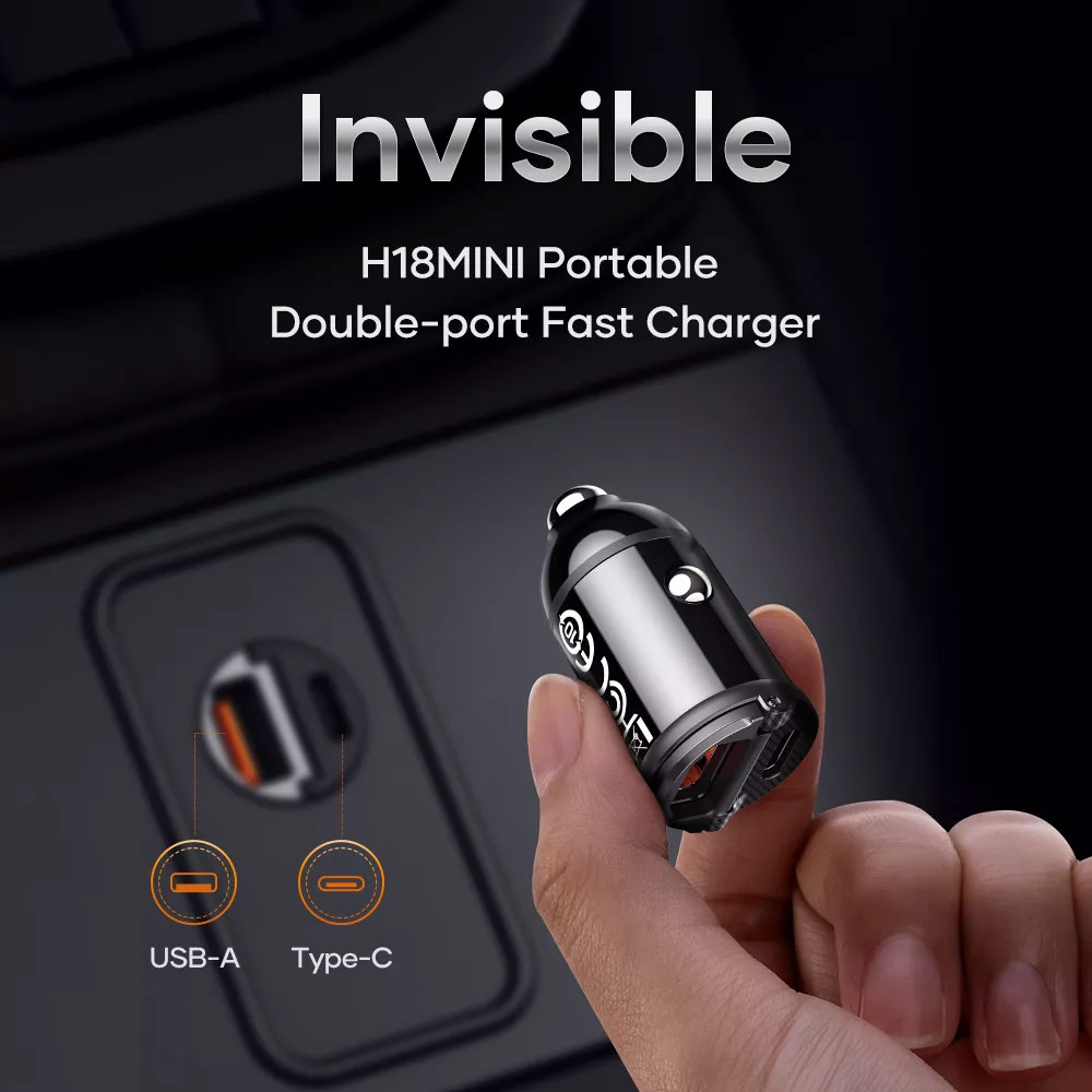 Picture of Rock Mini Compact Dual Port USB Type C USB A Fast Charge Car Charger PD 30W Max for iPhone 14 Pro Max S22 Ultra (Black)