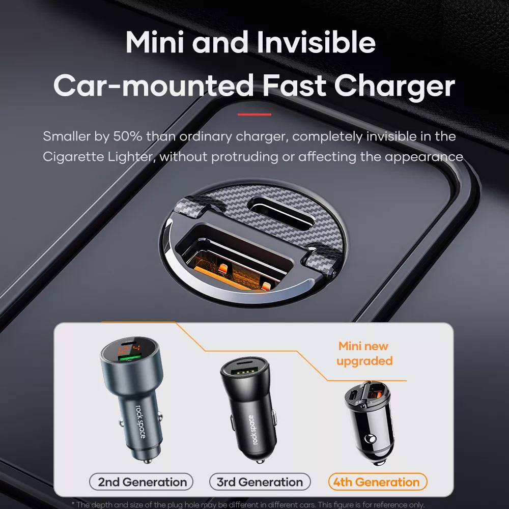 Picture of Rock Mini Compact Dual Port USB Type C USB A Fast Charge Car Charger PD 30W Max for iPhone 14 Pro Max S22 Ultra (Black)