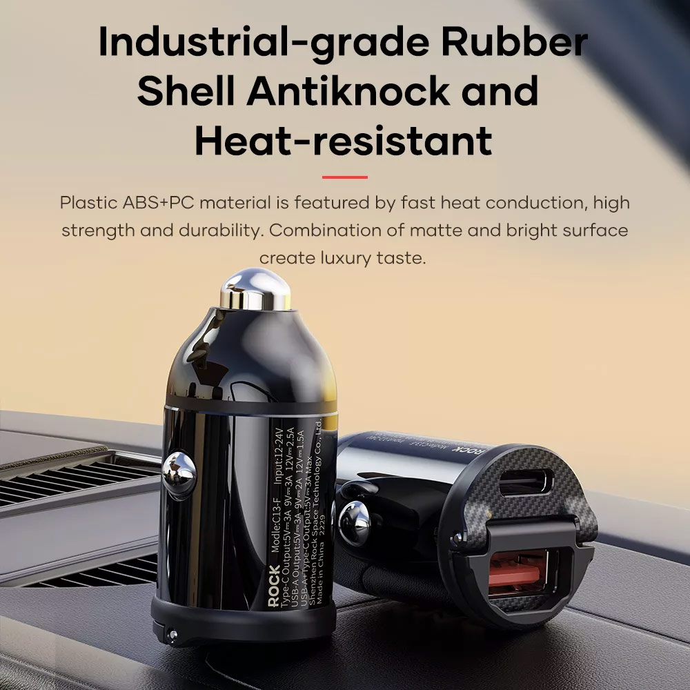 Picture of Rock Mini Compact Dual Port USB Type C USB A Fast Charge Car Charger PD 30W Max for iPhone 14 Pro Max S22 Ultra (Black)