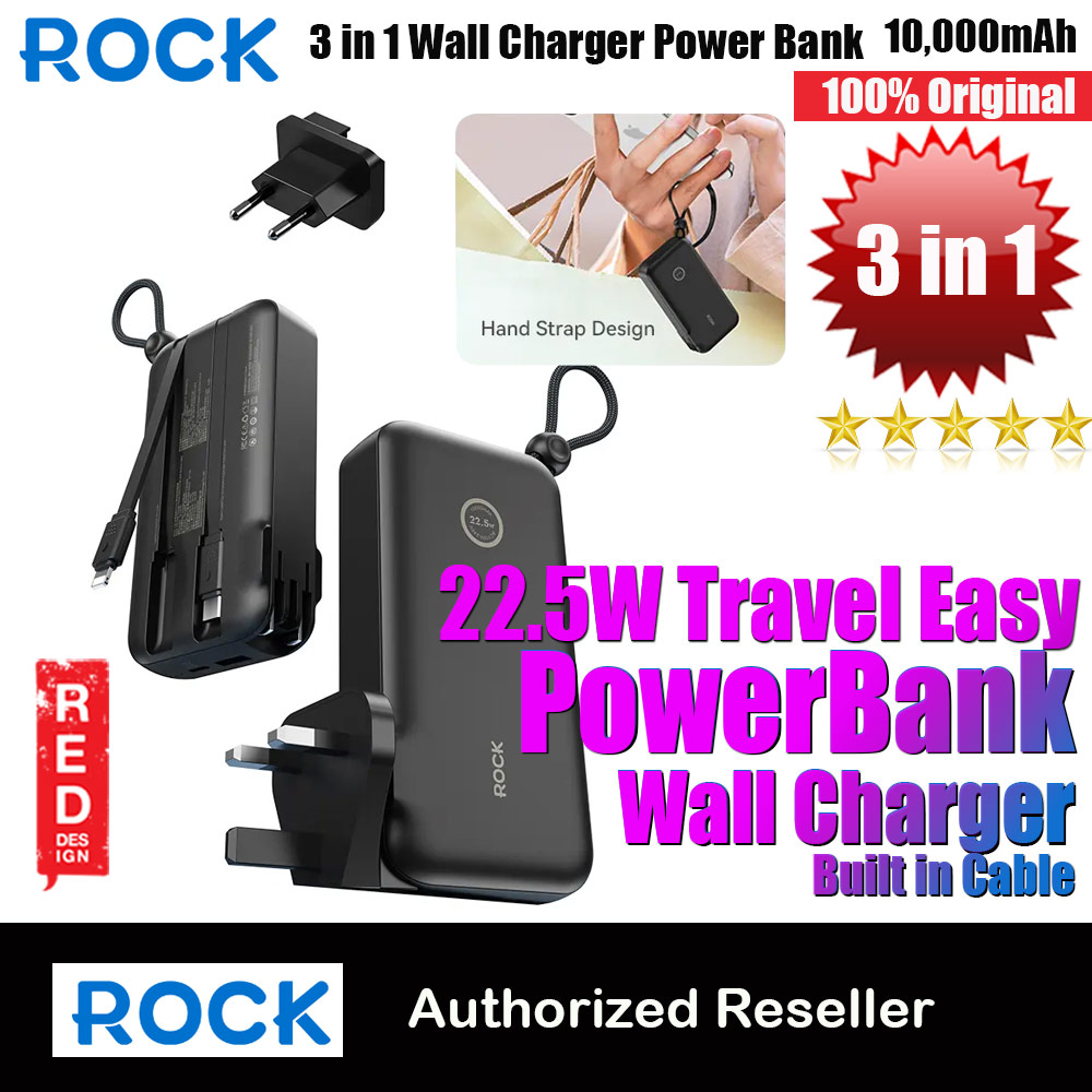 Picture of Rock Wall Charger 22.5W Power Bank 10000mAh Travel Portable  with Multiple Built in Cable USB C USB L and US UK EU Plugs (Black) Red Design- Red Design Cases, Red Design Covers, iPad Cases and a wide selection of Red Design Accessories in Malaysia, Sabah, Sarawak and Singapore 