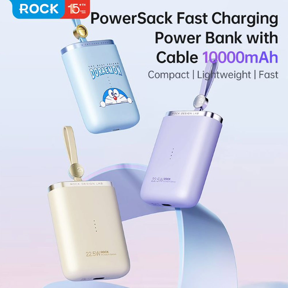 Picture of Rock CCC 3C Certified Power Bank Mini Compact Pocket Size Small Thin Portable Easy Travel Fast Charge CCC Powerbank Power Bank with Cable (Black)