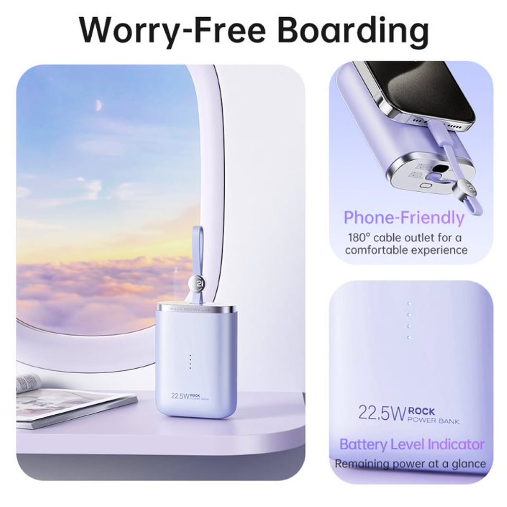 Picture of Rock CCC 3C Certified Power Bank Mini Compact Pocket Size Small Thin Portable Easy Travel Fast Charge CCC Powerbank Power Bank with Cable (Black)