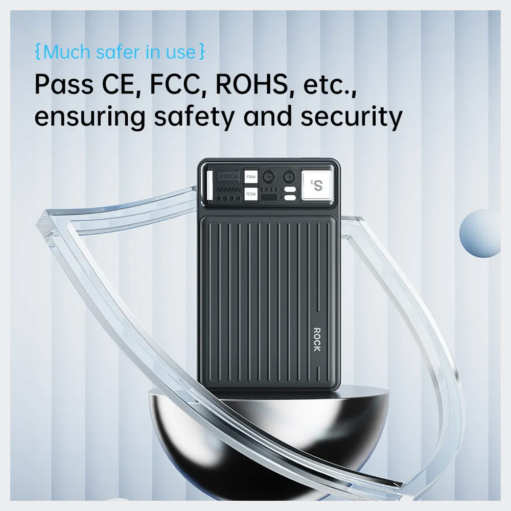 Picture of Rock P92 Fast Charge PD 20W 10000mAh Travel Portable Small Palm Size Compact Mini Power Bank powerbank with Multiple Built in Cable USB C USB L (Black)