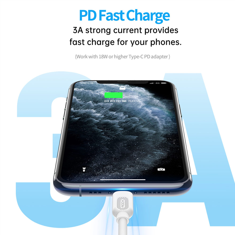 Picture of Rock High Quaity MFI Certified Original Chip PD 20W Fast Charge Type C to Lightning Cable for iPhone 11 Pro Max iPhone 12 Pro Max 100cm  (White)