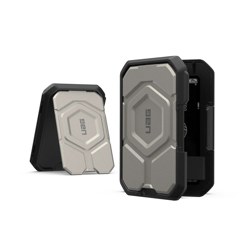 Picture of Apple iPhone 13 6.1 | UAG Premium Snap Magnetic Magsafe Compatible Wallet and Stand Kickstand Card Holder Phone Stand with RFID Technology Waterproof (Black Titanium)