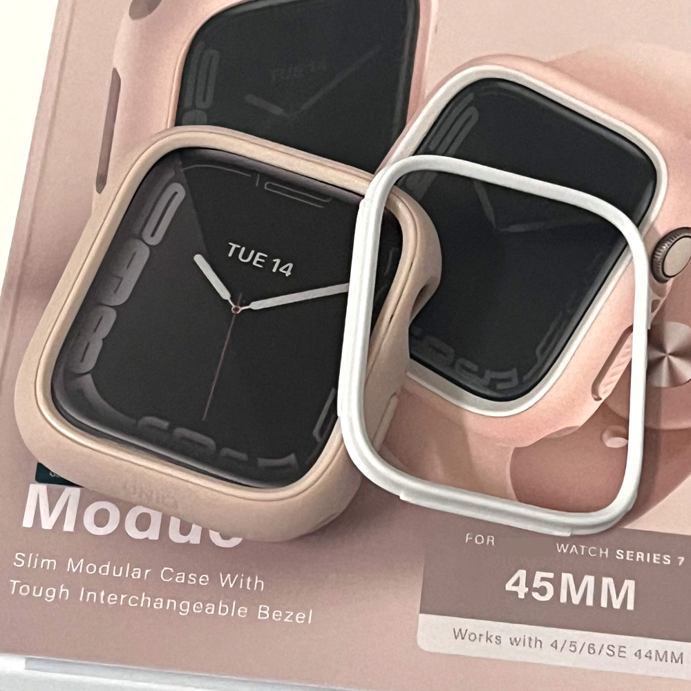 Picture of Apple Watch 45mm Case | Uniq Moduo Mix and Match Color TPU Bumper with Polycarbonate Bezel Series Case for Apple Watch 45mm 44mm (Pink White)
