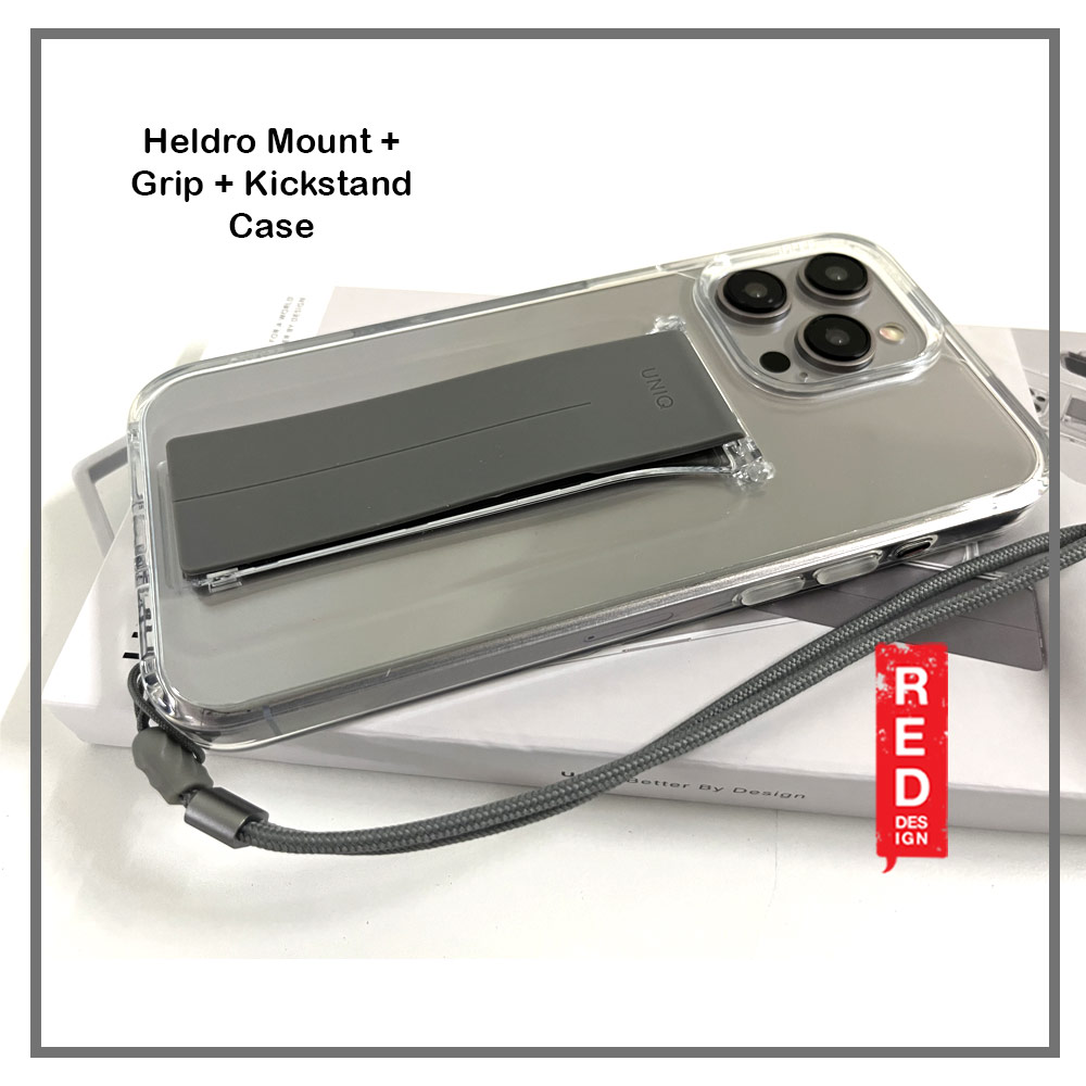 Picture of Apple iPhone 15 Pro 6.1 Case | Uniq Heldro Mount Plus Free Grip Flex Grip Kickstand Drop Protection Case with Wrist Strap for iPhone 15 Pro  6.1 (Clear)