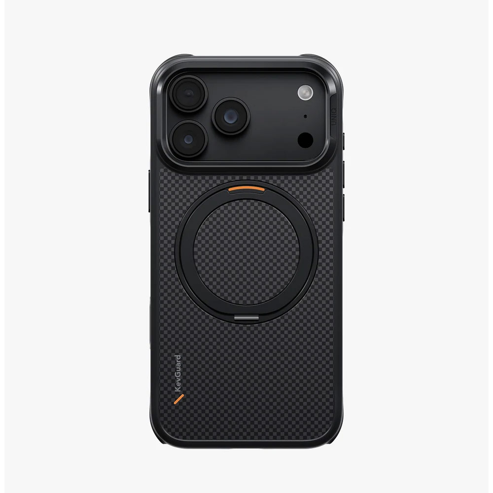 Picture of Apple iPhone 18 Pro Case | Uniq Keva Mov 360 Kickstand Aramid Magnetic Protection Case with Camera Control Button for iPhone 18 Pro - Carbon Black