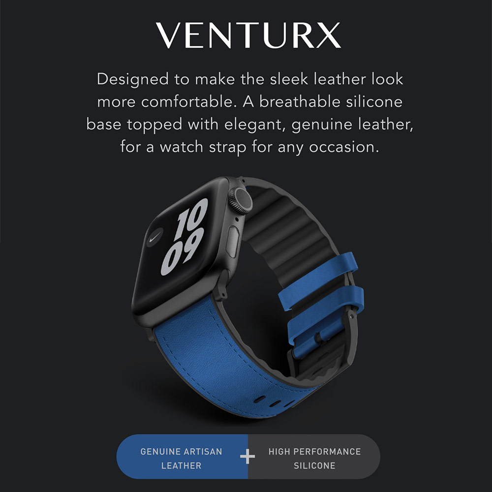 Picture of Apple Watch 42mm  | Viva Madrid Venturx Inner Silicone Outer Genuine Leather Strap for Apple Watch 44mm 42mm Series 4 Series 5 Series 6 Series SE (Blue)