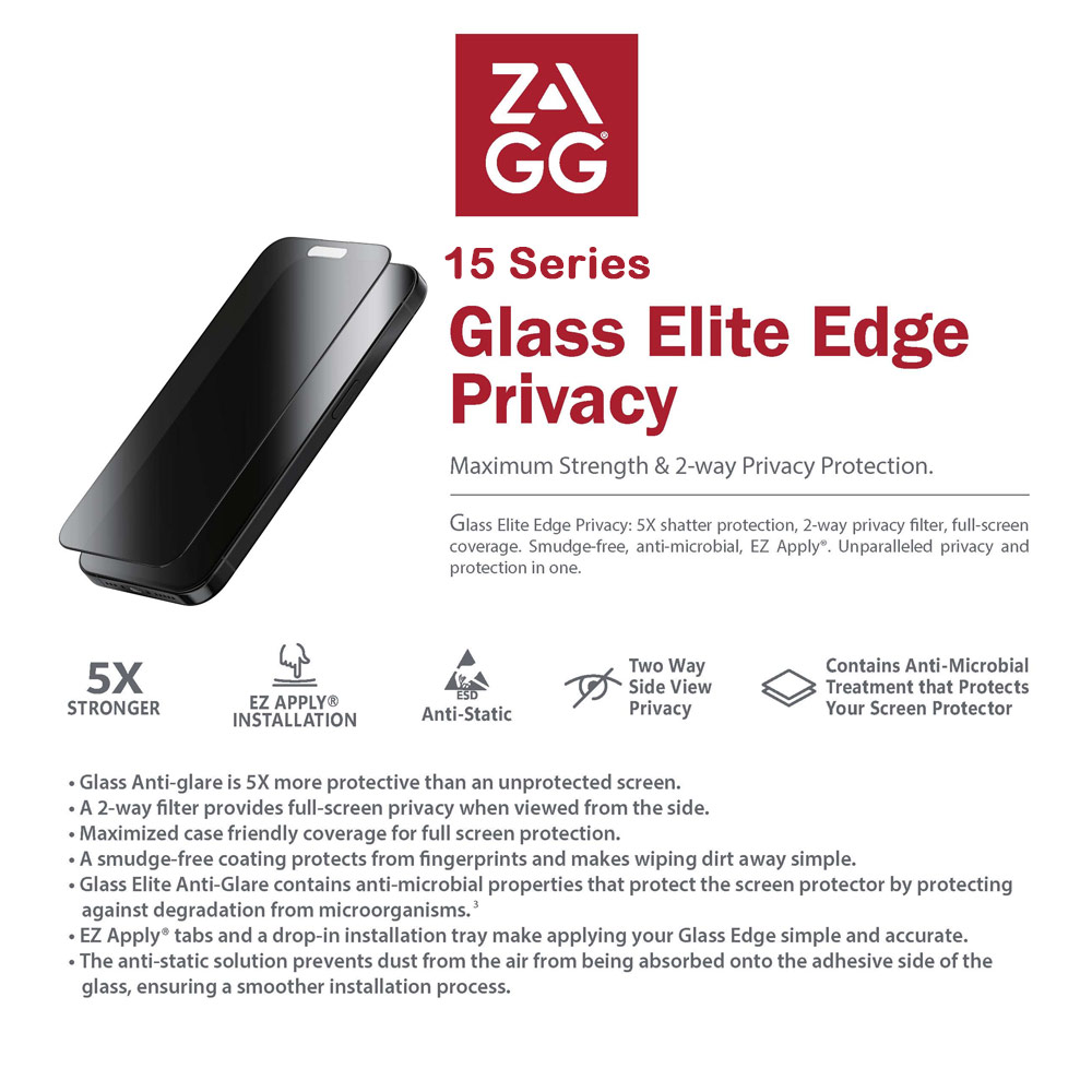 Picture of Apple iPhone 15 Plus 6.7 Screen Protector | Zagg Glass Elite Edge Anti Peep View Privacy Tempered Glass Screen Protector with Easy Installation Tray for iPhone 15 Plus 6.7 (2 Way Privacy)