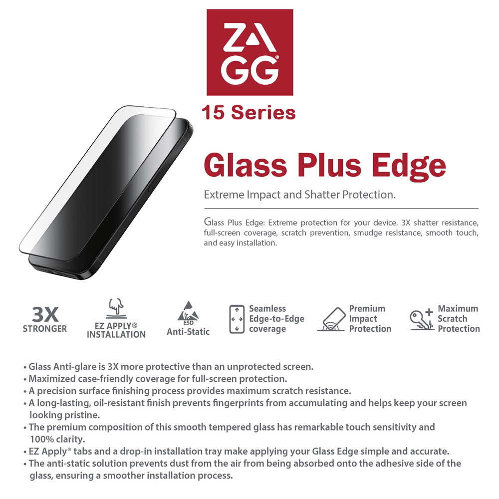 Picture of Apple iPhone 15 Plus 6.7 Screen Protector | Zagg Glass Plus Edge Tempered Glass Screen Protector with Easy Installation Tray for iPhone 15 Plus 6.7 (Clear)