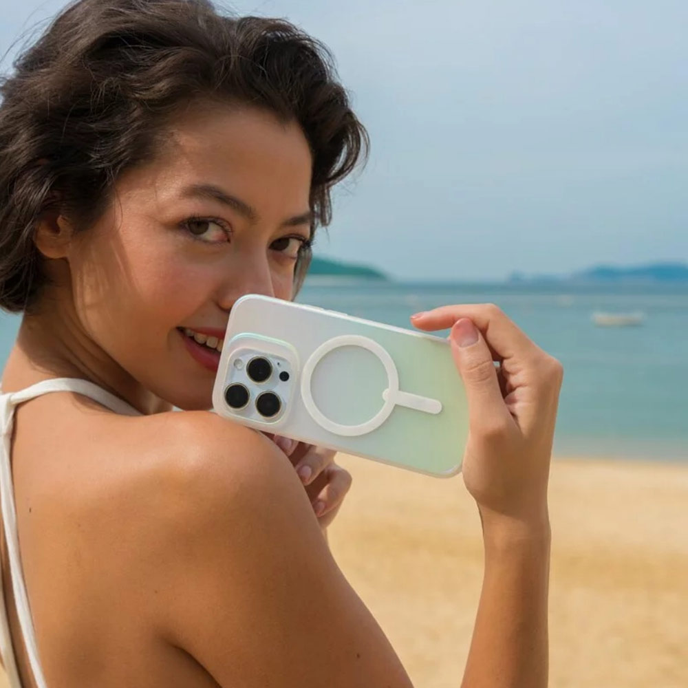 Picture of Apple iPhone 14 6.1 Case | Zagg Iridescent SnapSlim Design Improved Grip Drop Protection Anti Finger Print Magsafe Compatible Case for iPhone 14 6.1 (Iridescent Matte Clear)